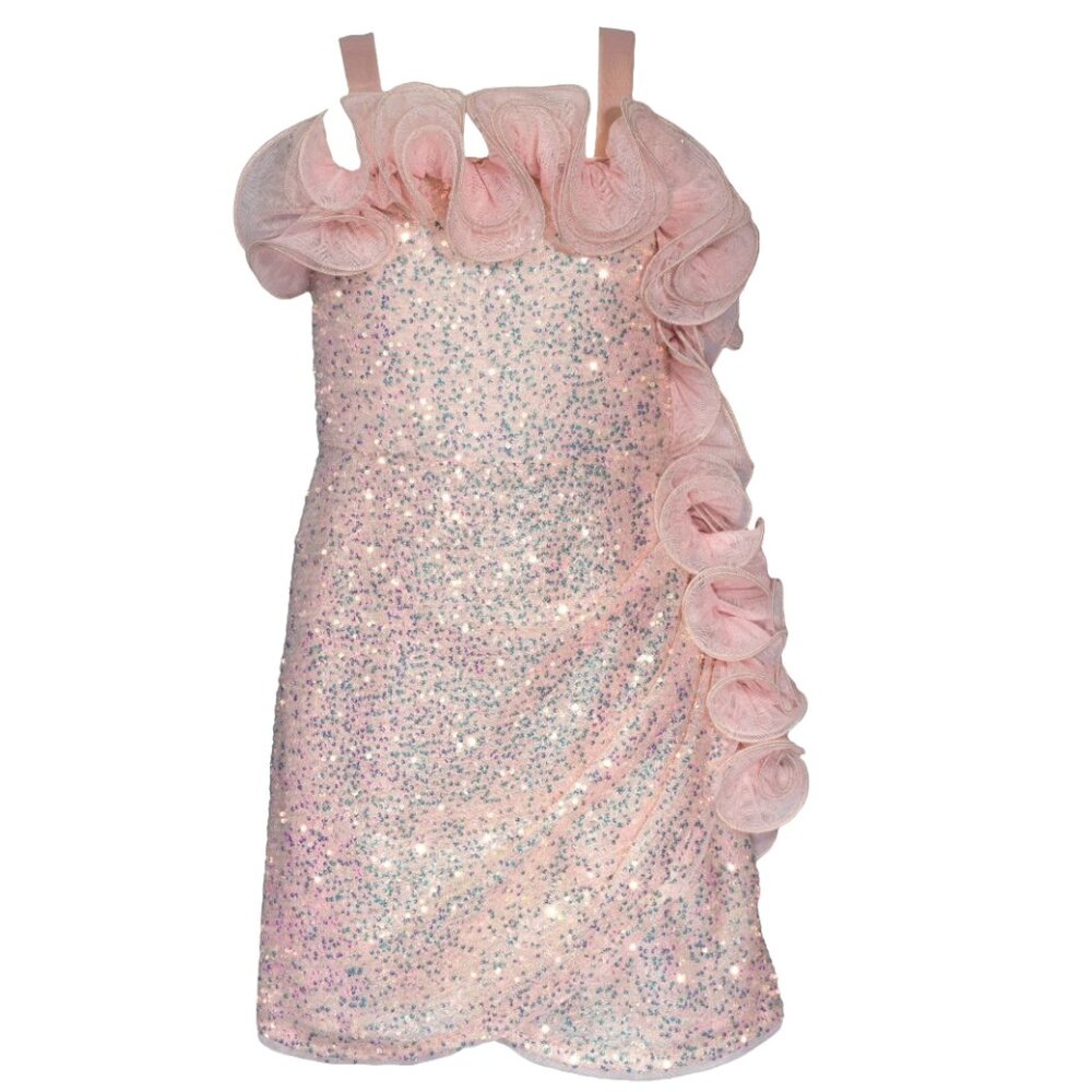 NEW Bonnie Jean Girls 7-16 Blush Sequin Knit Mesh Ruffle Chemise Dress